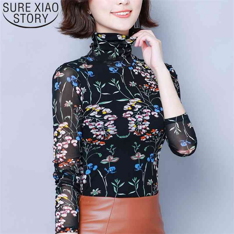 Autumn Fashion Women Thin Blouses Long Sleeve Turtleneck Tops Casual Printed Floral Clothing 6127 50 210506
