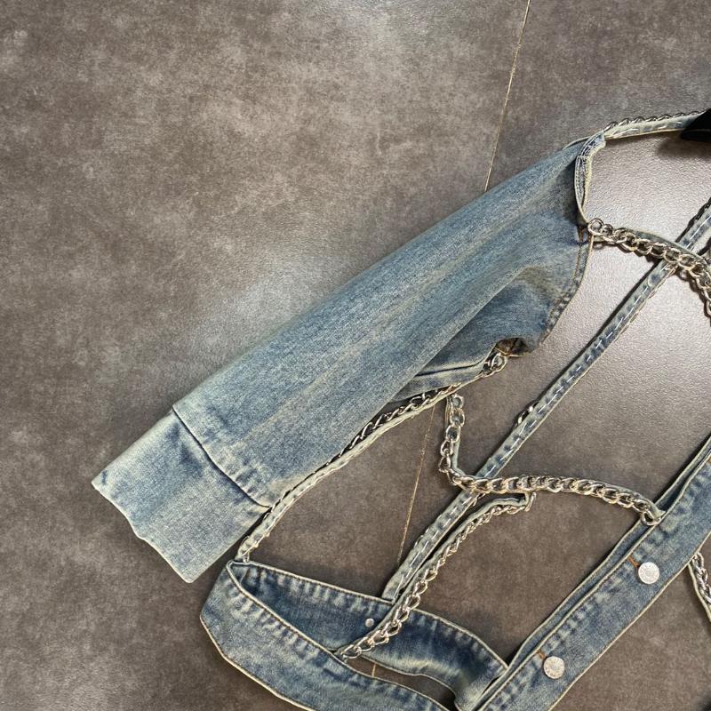 Women's Jackets FABPOP Long Sleeve Chain Hollow Out Turn Down Collar Light Blue Denim Jacket Women Coat Streetwear Gb447