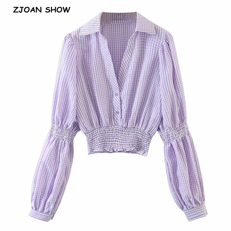 French Lapel V neck Lavender Check Plaid Shirt Retro Long Sheep Leg Puff Sleeve Women Blouse Short Tops Purple 210429
