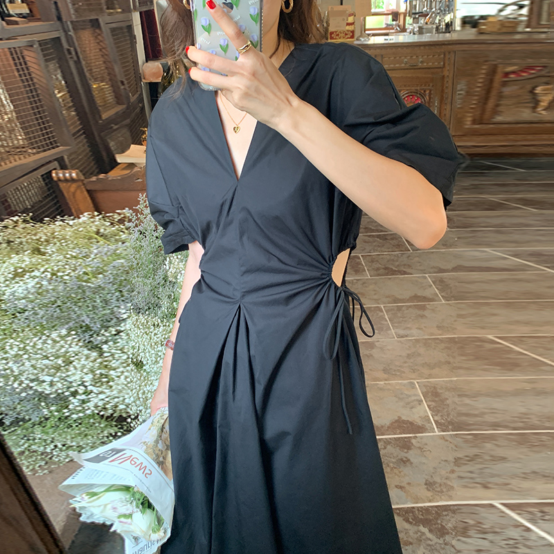Women Korean Chic Summer Temperament V-neck Drawstring Hollow Out Waist Puff Sleeve A Line Long Dresses, Black;gray
Women Korean Chic Summer Temperament V-neck Drawstring Hollow Out Waist Puff Sleeve A Line Long Dresses, Black;gray