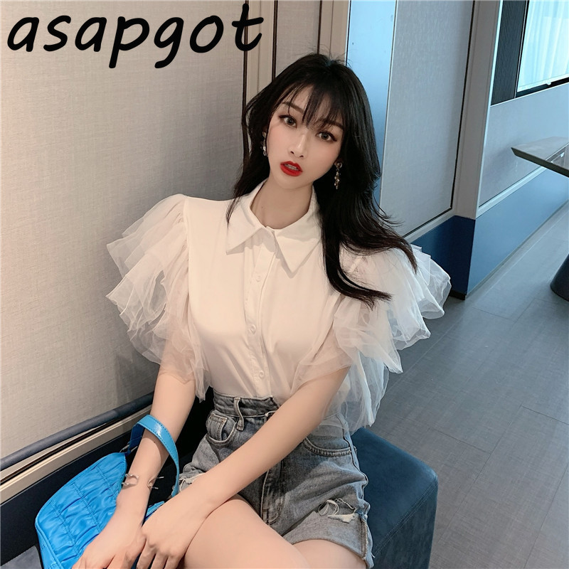 Chic Korean Blue Mesh Half Short Butterfly Sleeve Blouse Women Retro Fashion Slim Patchwork Turn Down Collar Shirts Ruffles 210429