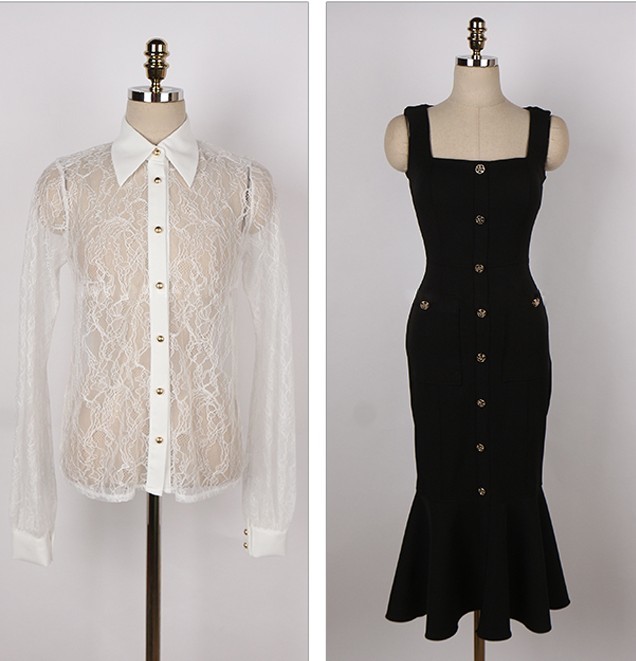 Spring Women Two Piece Sets Sexy Lace Long Sleeve Shirt and Elegant Black Bodycon Single-breasted Female Slim Mermaid Dress 210519