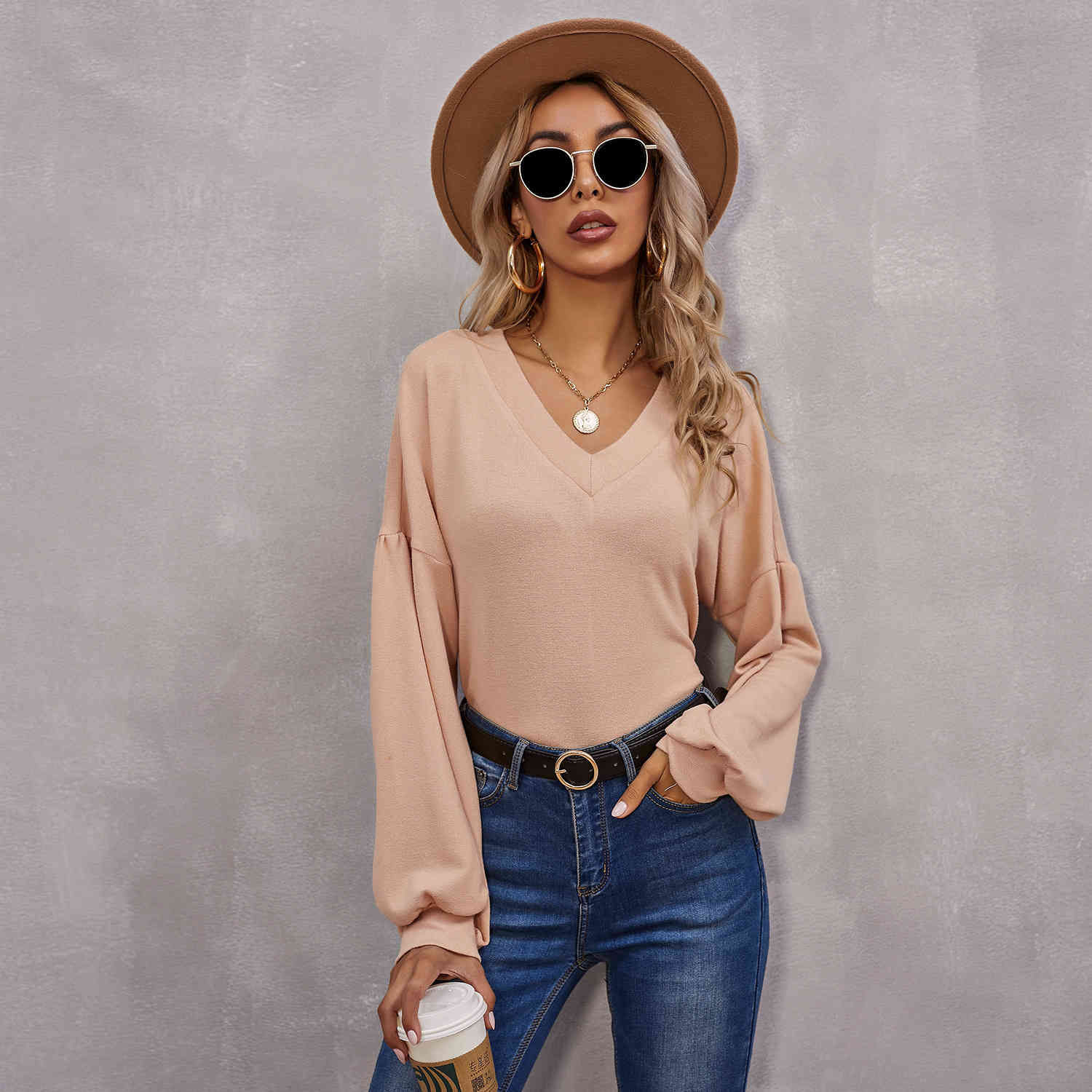 Women pullovers t shirt for spring summer Fashion V-neck latern long sleeve Apricot Women's loose tops 210524
Women pullovers t shirt for spring summer Fashion V-neck latern long sleeve Apricot Women's loose tops 210524
