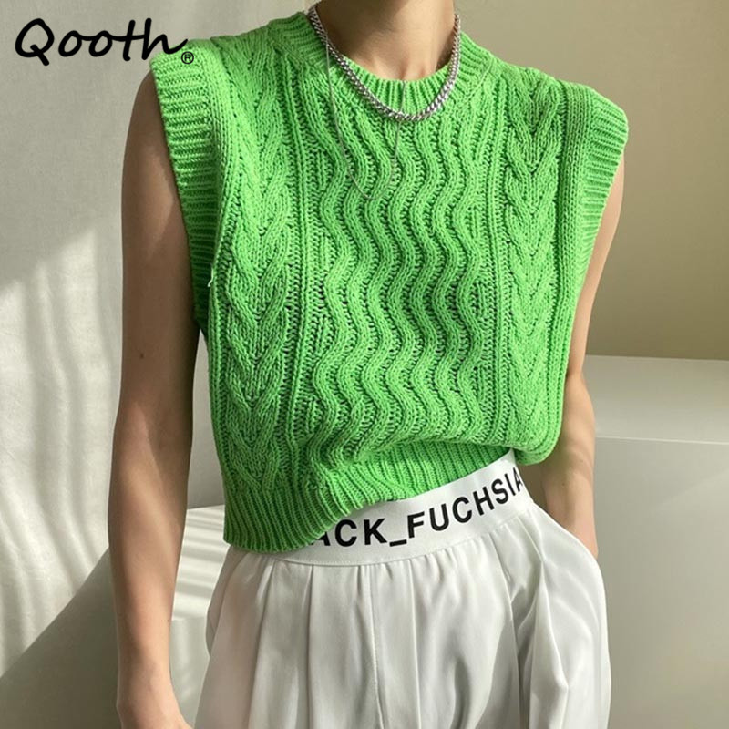 Qooth Solid Pullover Sleeveless Knitted Vest Womens Spring Casual O-Neck Floral Striped Pattern Loose Vest Fashion Tops QT600 210518, Black
Qooth Solid Pullover Sleeveless Knitted Vest Womens Spring Casual O-Neck Floral Striped Pattern Loose Vest Fashion Tops QT600 210518, Black