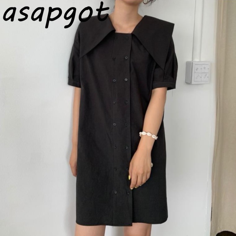 Dresses Summer Loose Back Lace Up Bow Yellow Double Breasted Dress Peter Pan Collar Girls Casual Clothes Fashion Wild Chic 210429