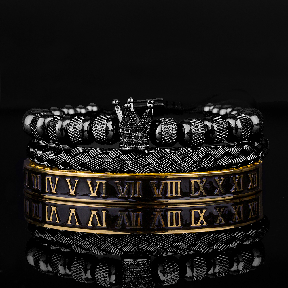 3pcs Luxury Roman Royal Crown Charm Bracelet Men Stainless Steel Geometry Pulseiras Men Open Adjustable Bracelets Couple Jewelry