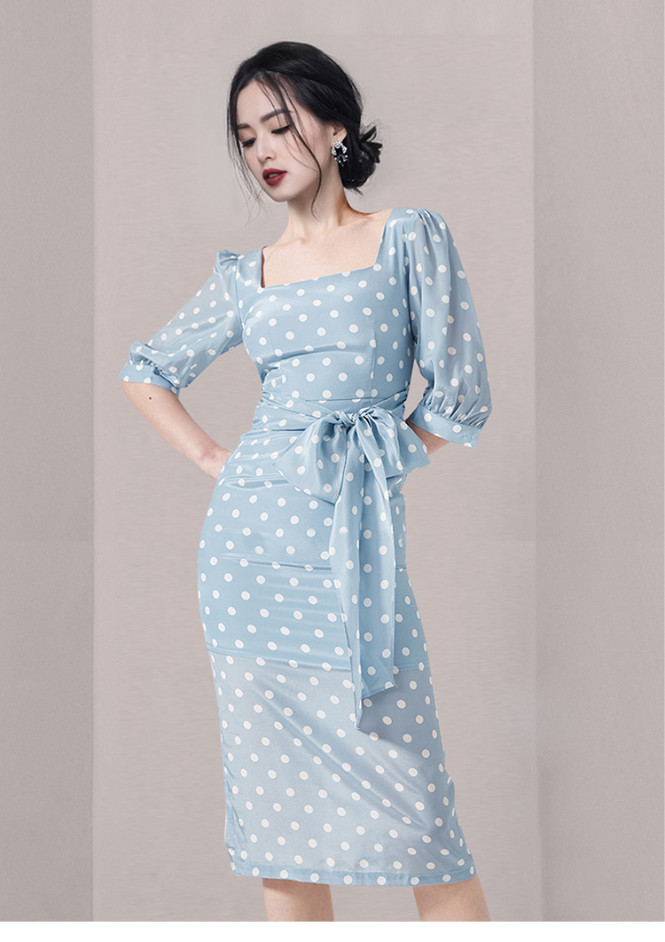 Temperament Elegant Square Collar Puff Sleeve Ploka Dot Office OL Slim Pencil Dress Bodycon Lace Up Party Vestidos 210519