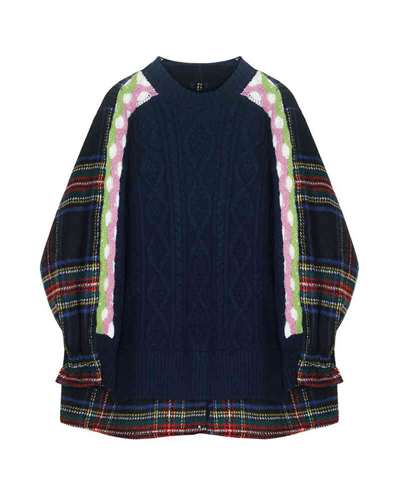 Vintage Women Patchwork Sweater Plaid Pullovers Tops Autumn Winter Long Sleeve Loose Korean Female Knitted Casual 210430