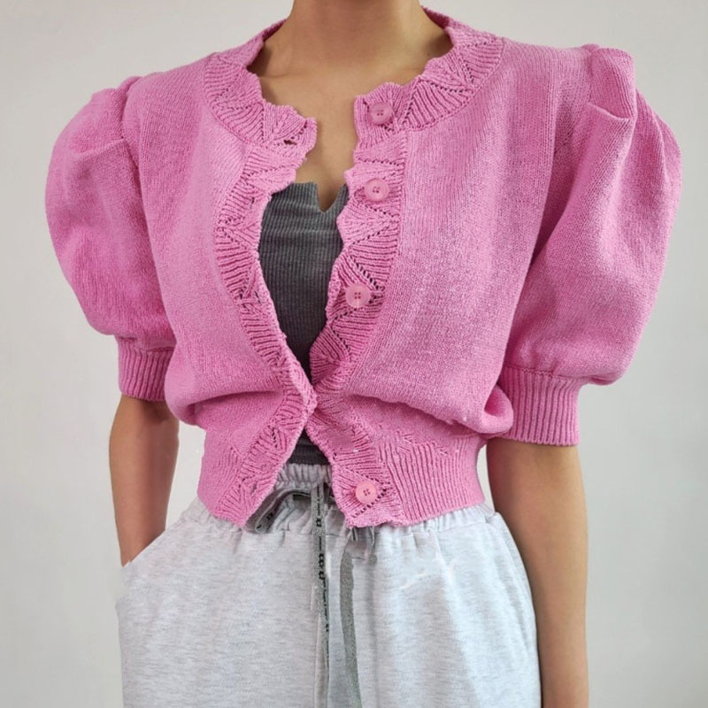 Lucyever Button Up Puff Sleeve Knitted Cardigan Women Summer Casual Streetwear Thin Sweater Woman Short Sleeves Vintage Cardigan 210521