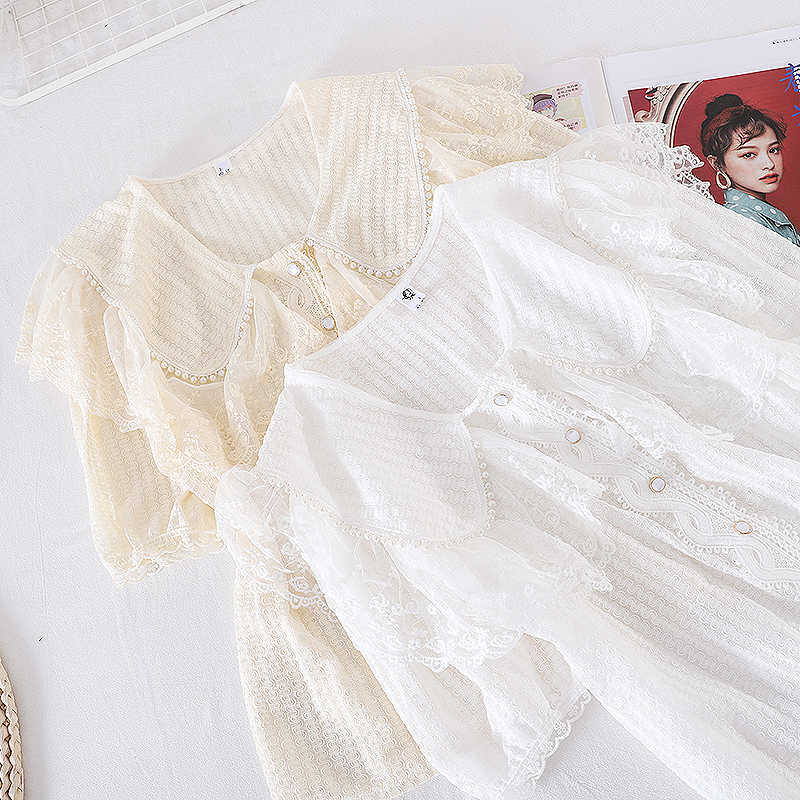 LY VAREY LIN Summer Women Sweet Single Breasted Lace Short Shirts Tops Casual Ruffled Sleeve Chiffon Office Lady Shirt 210526