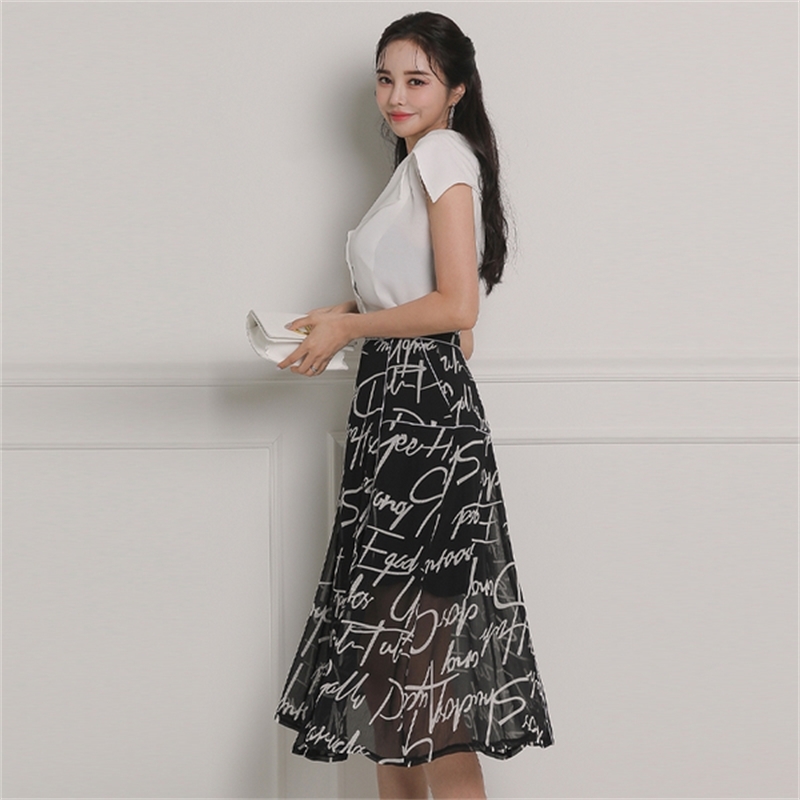 Vintage Elegant 2 Pieces Set Women Summer Sleeveless Chiffon Blouses + High Waist Black Letter Print Skirts Suit 210519