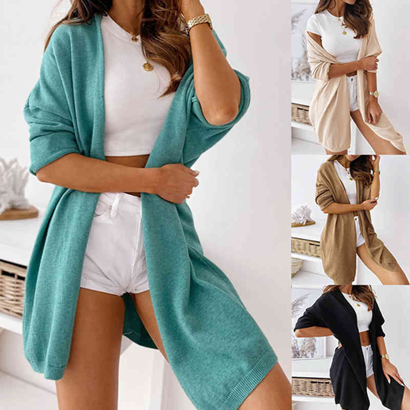 Elegant Long Cardigan Women Sweater Coat Autumn Winter Sleeve Thin Knitted Jacket Casual Ladies Loose Outwear 210522