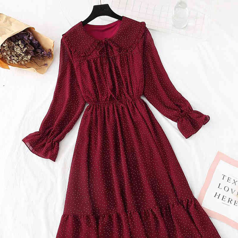 Sweet Polka Dot Printed Chiffon Dress Women Vintage A-line Flare Sleeve Doll Collar Ruffled Dresses Spring Summer Dress 210521