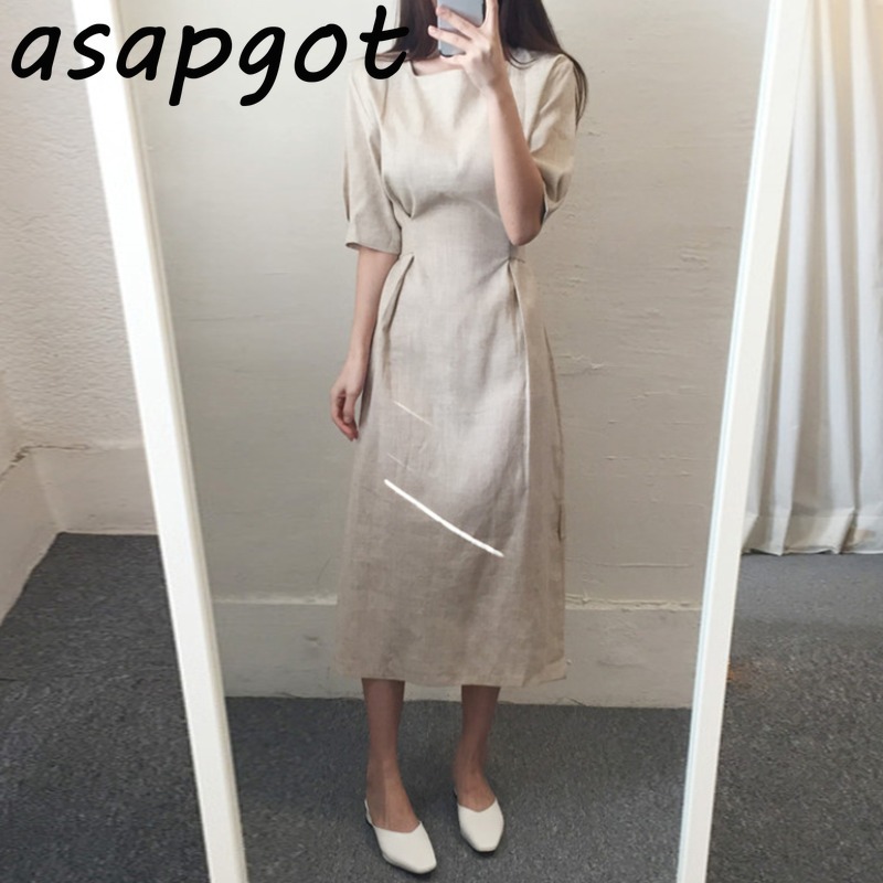 Summer Vintage Plus Size Blue Short Sleeve Square Neck Cotton Linen Dress Women Slim Lace Up Waist Temperament Solid 210429