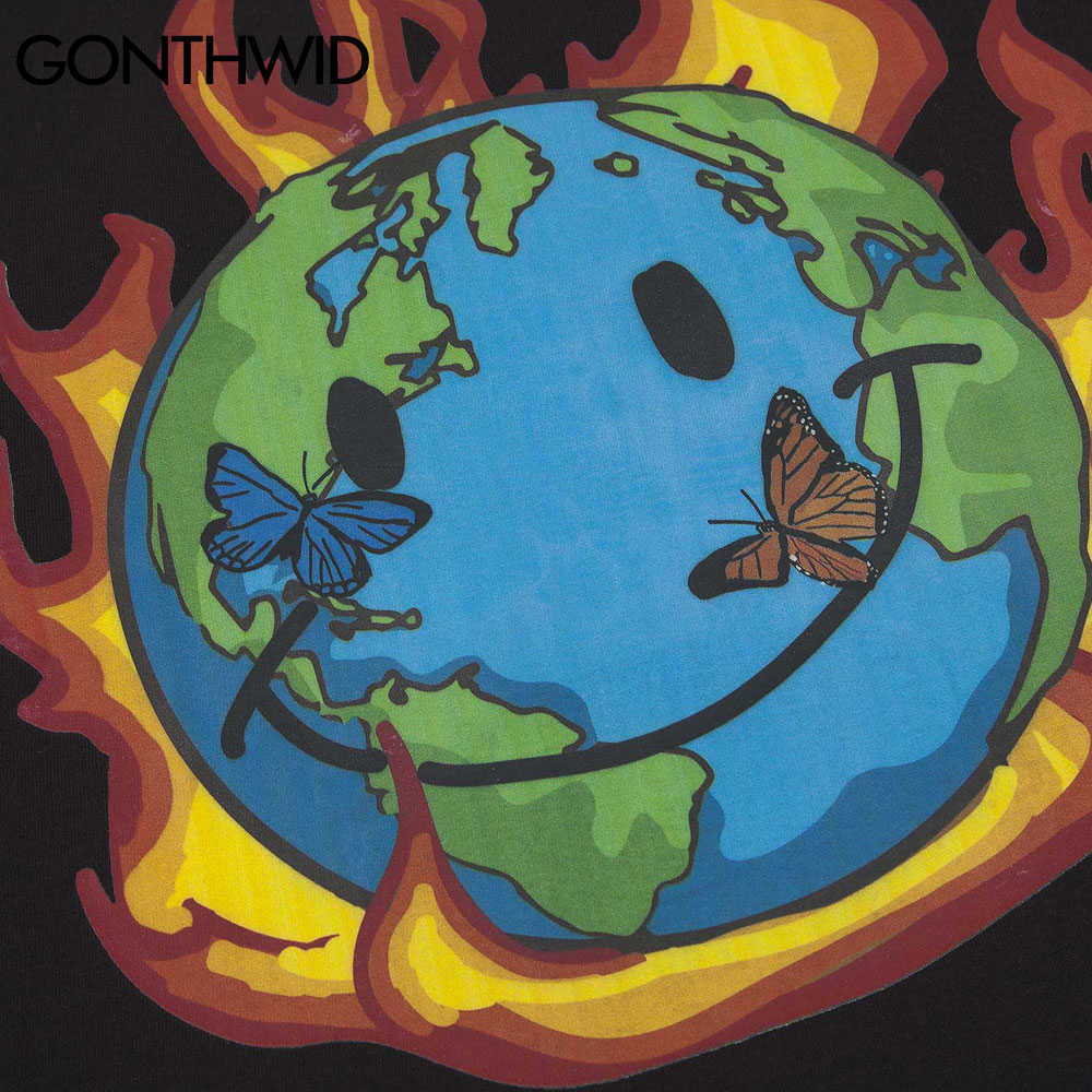 GONTHWID Tshirts Streetwear Fire Flame Earth T-Shirts Harajuku Mens Hip Hop Casual Cotton Short Sleeve Tops Tees 210629