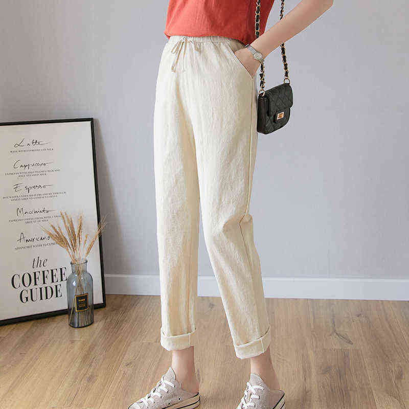 Women Casual Harajuku Long Ankle Length Trousers Summer Autumn Large Solid Elastic Waist Cotton Linen Pants Black 211115