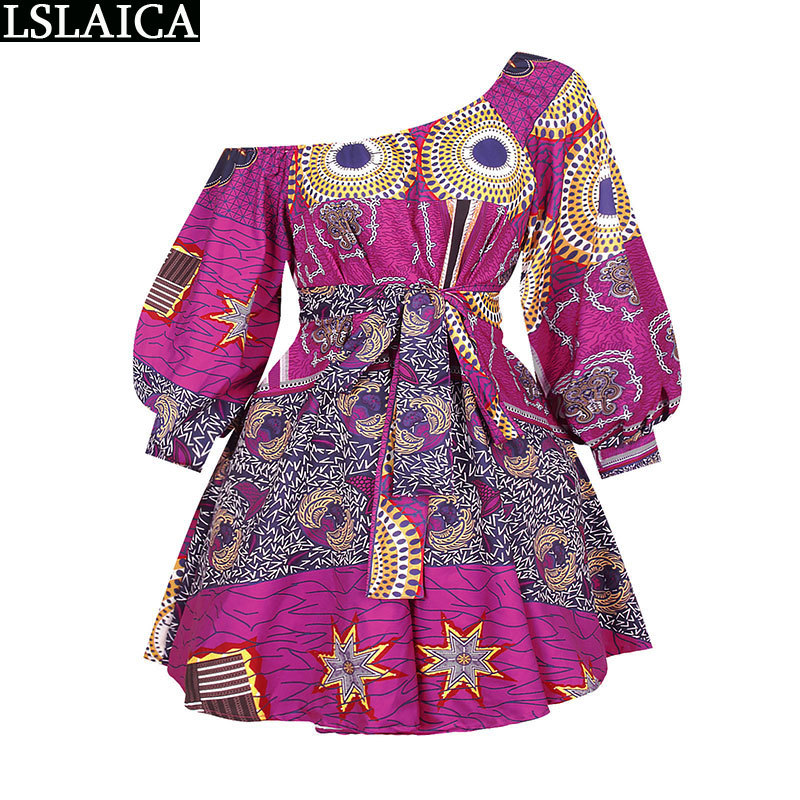 Mini Dress African Style Slanted Shoulder Long-sleeved A-Line Belt Fashion Printing Party Casual Vestido De Mulher 210515