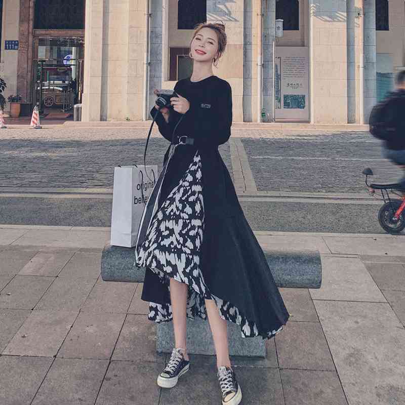 Street Style Irregular Full Sleeve Women Party Dress O Neck Fold Ladies Long Dresses Spring Chic Plus Size Female Robe 210521