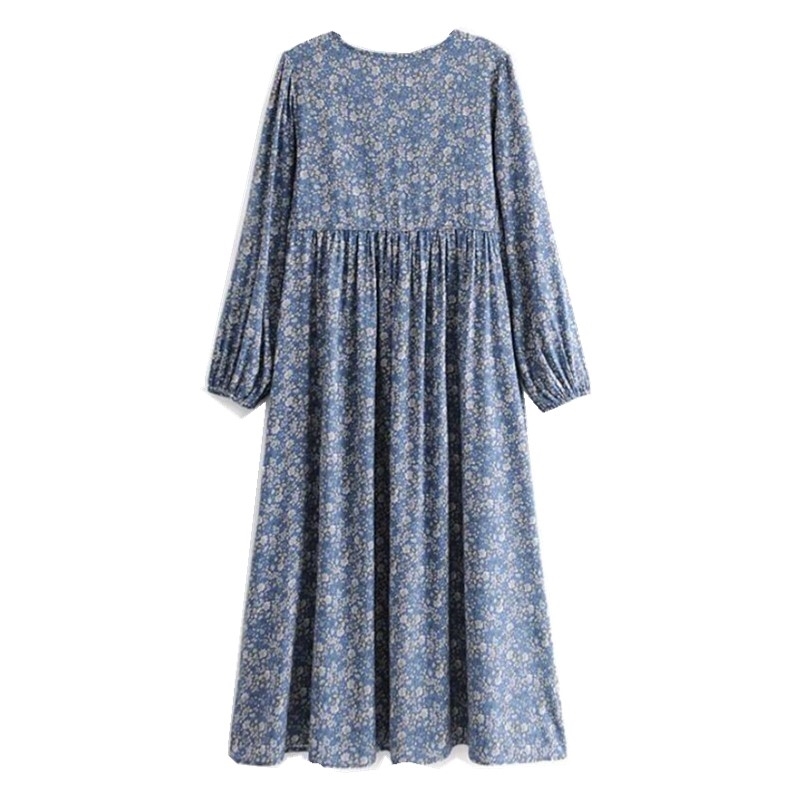 Bohemia Bandage Lacing up Collar Blue Floral Print Dress BOHO Woman Long Sleeve Maxi Holiday Dresses Beach 210429