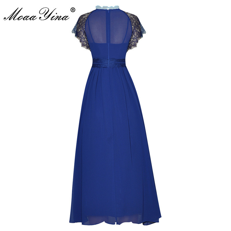 Fashion Runway Summer Splicing Chiffon Midi Dress Women Lace Short sleeve High waist A-Line Party 210524