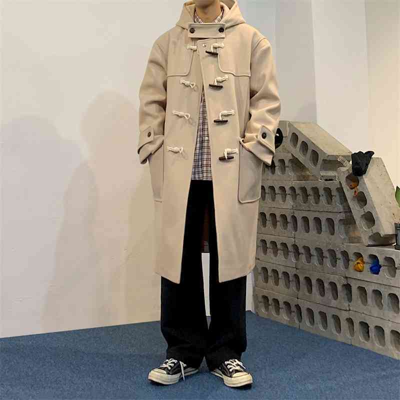 IEFB Woolen Coat Men's Korean Fashion Over The Knee Mid Long Loose Hooded Oversized Horn Button Autumn Winter Clothes 9Y4793 210524