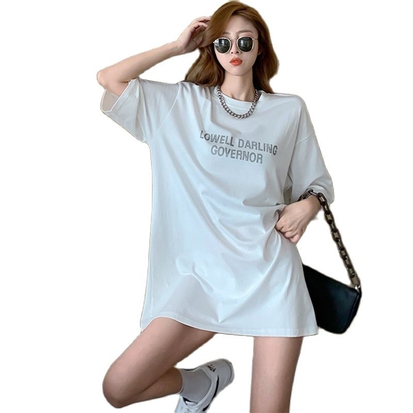Mid-length cotton short-sleeved t-shirt women loose bear drill blouse summer Korean fashion women' clothing 210520, White
Mid-length cotton short-sleeved t-shirt women loose bear drill blouse summer Korean fashion women' clothing 210520, White
