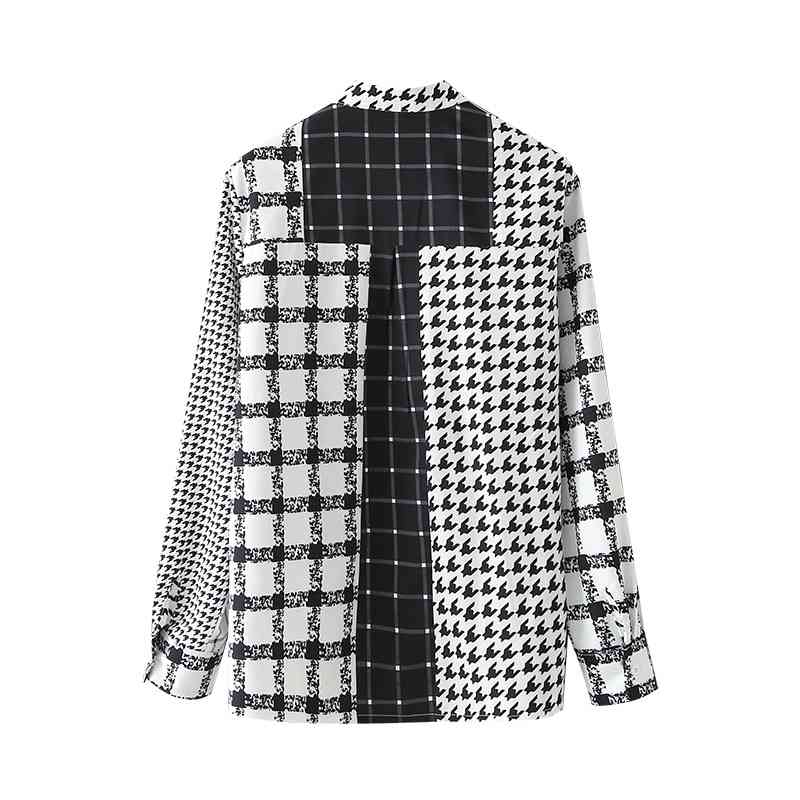 Causal Women Black White Plaid Patchwork Shirts Fashion Ladies Stand Collar Tops Streetwear Female Chic Button Blouses 210430