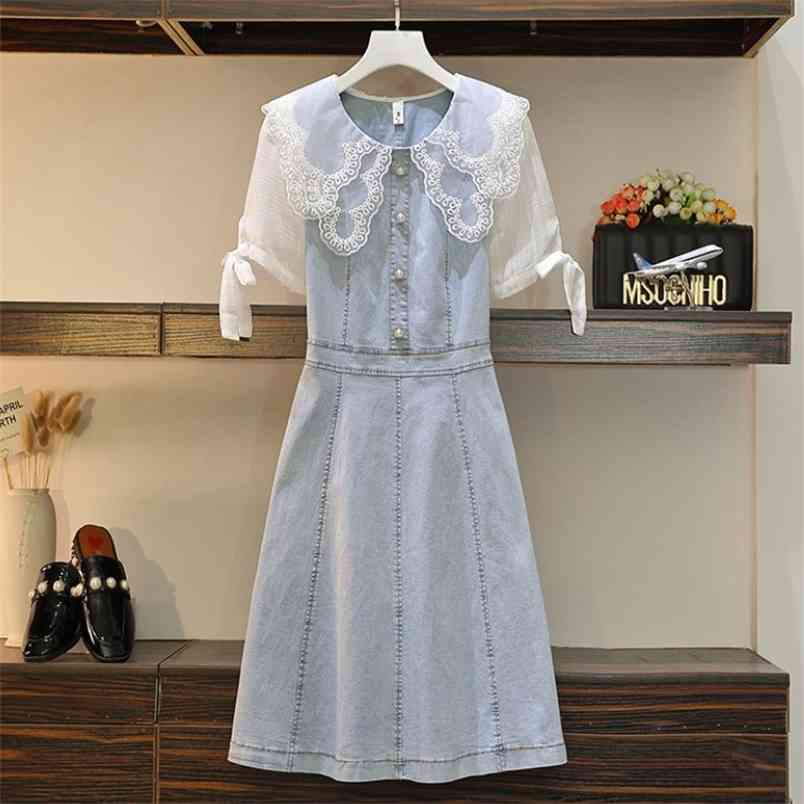 Elegant Denim Dress For Women Lace Peter Pan Collar Short Sleeve Vintage Patchwork Casual Dresses Female Fashion Clothing 210519, Photo color
Elegant Denim Dress For Women Lace Peter Pan Collar Short Sleeve Vintage Patchwork Casual Dresses Female Fashion Clothing 210519, Photo color