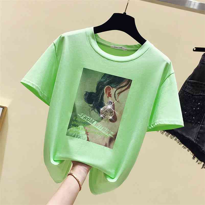 Beading Girls Print T-shirt Summer Women Short Sleeves O Neck Tee Female Pullover Casual Tops Tees A3317 210519, Green
Beading Girls Print T-shirt Summer Women Short Sleeves O Neck Tee Female Pullover Casual Tops Tees A3317 210519, Green