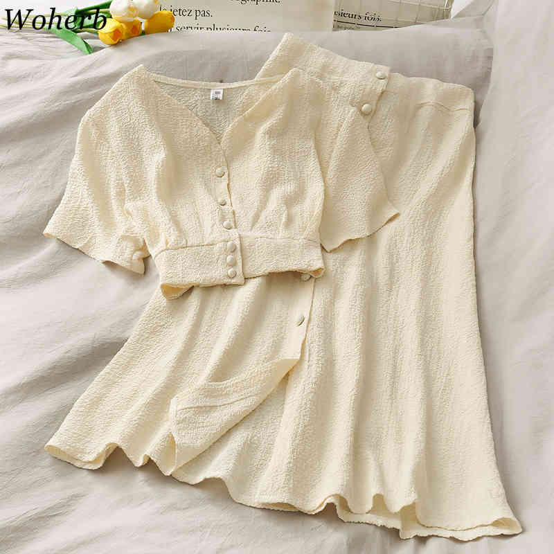 Vitnage Pleated Skirts Two Pieces Set Women Short Sleeve Blouse + High Waist Midi Long Skirt Summer Korean Outfits 210519