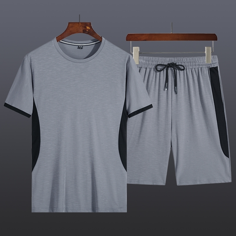 Men Summer Casual Set Fashion Patchwork Sportswear Suit Short Sleeved Tshirt+Shorts Hip Hop Street Jogging Male Tracksuit 2 PCS 210603