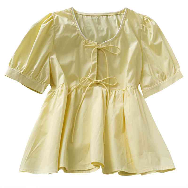 Kimutomo Sweet Wind Bow Lace Up Blouse Girls O Neck Short Sleeve Shirt Female Summer Solid Color Korean Chic Elegant 210521