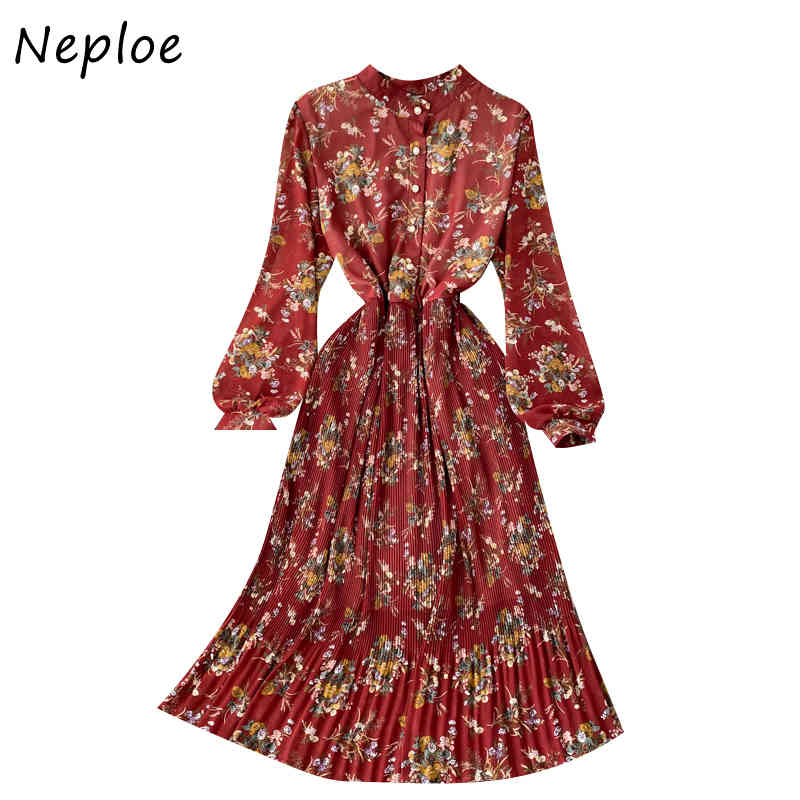 Neploe O Neck Pullover Long Sleeve Dress Women High Waist Hip A Line Print Vestidos Mujer Spring New Draped Robe Slim Dress 210422