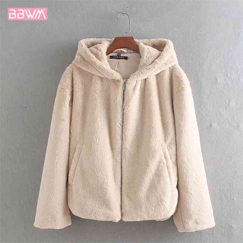 Winter Long-sleeved Hooded Loose Warm Zipper Female Coat Black Plush Harajuku Chic Faux Fur Women's Jacket Fleece Top 210507