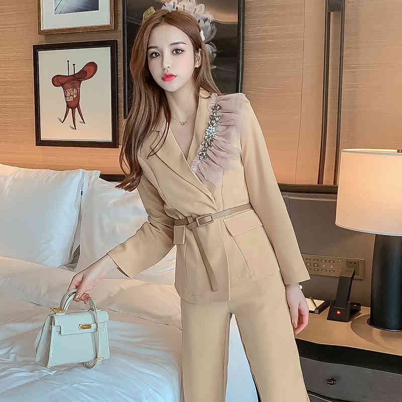 Autumn Long Sleeve Blazer+Trouses Office Two-piece Set Women Business Pants Set Stylish Lady Elegant Formal Set Suit 210515