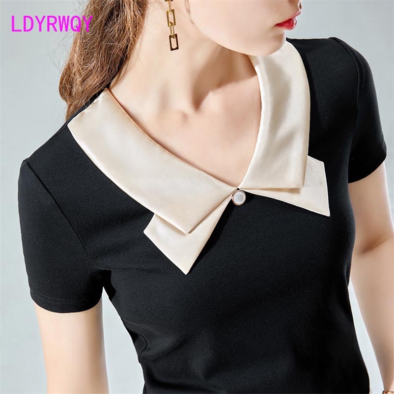 LDYRWQY Lapel Bowknot European and American Style Stitching Short Sleeve Black Fashion Slim T-shirt 210603
LDYRWQY Lapel Bowknot European and American Style Stitching Short Sleeve Black Fashion Slim T-shirt 210603