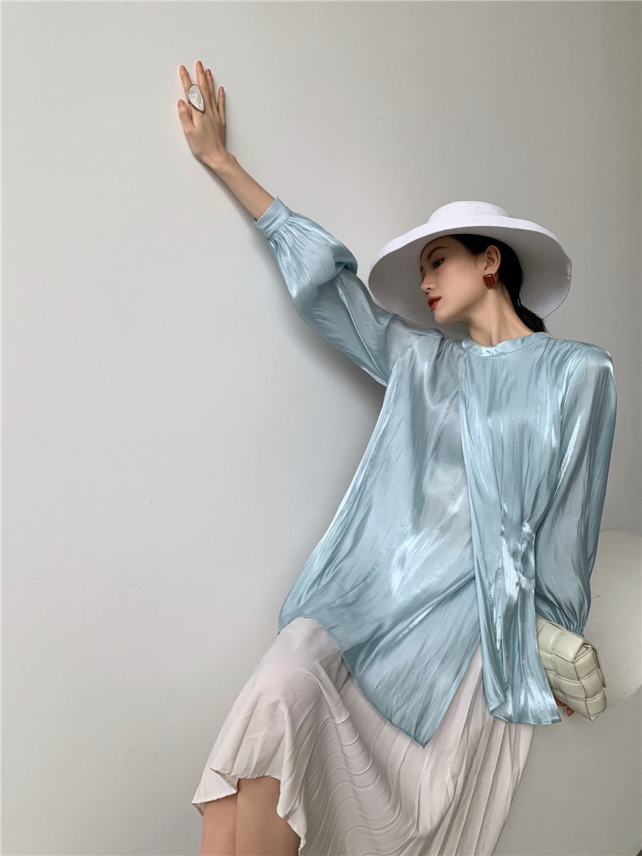 Aqua Blue Satin Long Sleeve Blouse Women Ruched Top Asymmetrical Ladies Glitter Korean Fashion Clothing 210427