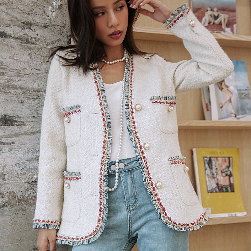 VintageTassel Tweed Jacket Coat Women Pearls Button Elegant White Jackets Pocket Loose Vintage Plaid Outwear Chic 210421