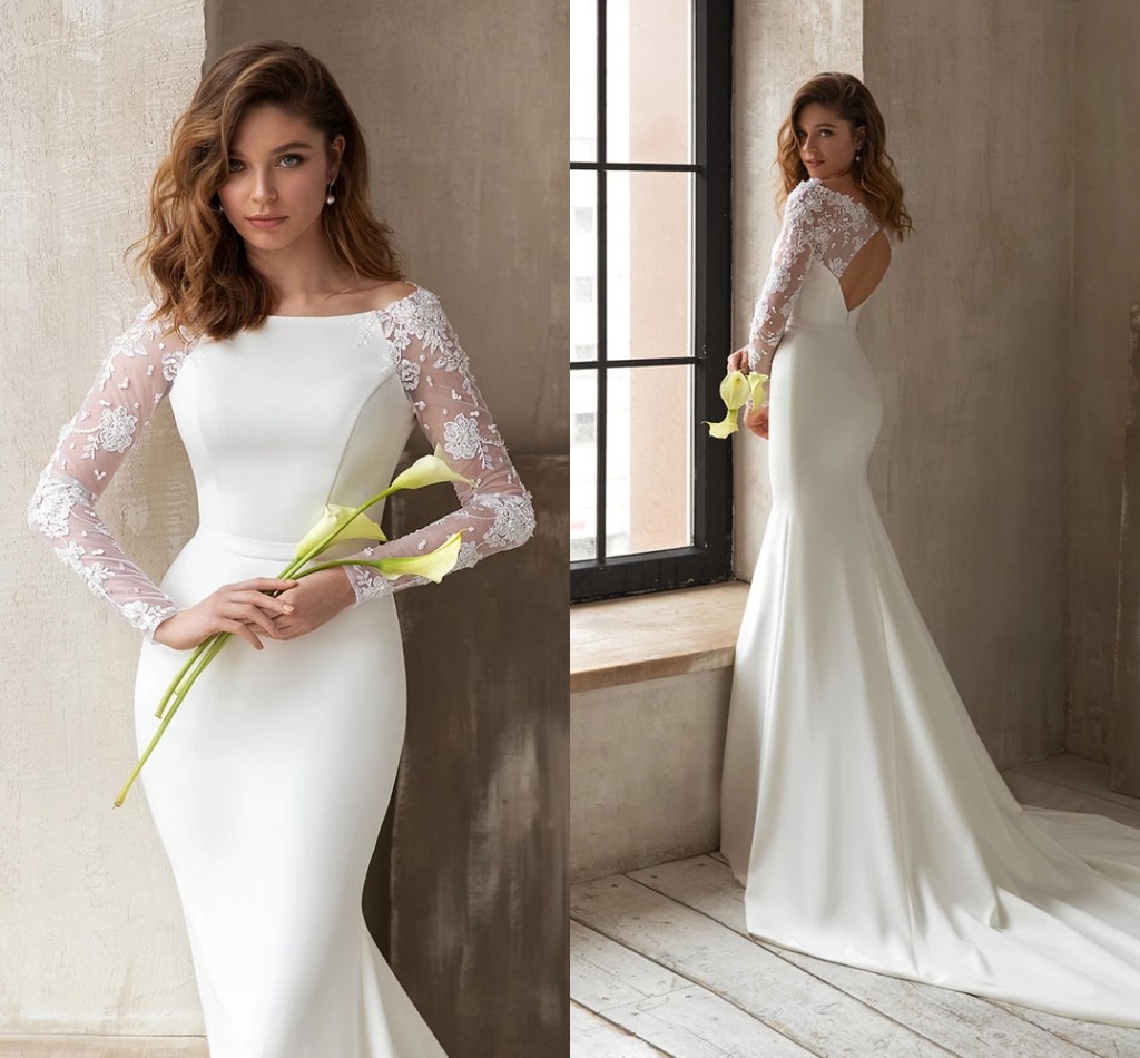 Elegant Mermaid Satin Wedding Dress Bateau Neckline Long Lace Sleeves Bridal Gown Sexy Backless Court Train Brides Gowns Vestido De Novia Simple Boho Garden AL9344, White
Elegant Mermaid Satin Wedding Dress Bateau Neckline Long Lace Sleeves Bridal Gown Sexy Backless Court Train Brides Gowns Vestido De Novia Simple Boho Garden AL9344, White