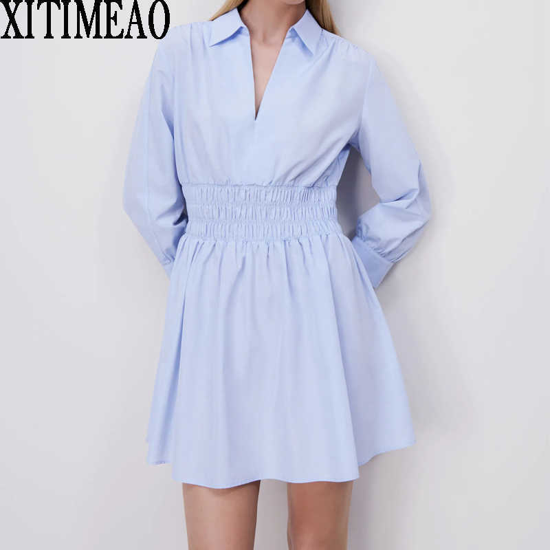 ZA Long Sleeve Women Solid Color Shirt Dresses Ruffles Female Holiday Lapel Sexy A-line Mini Dress XITIMEAO 210602, Blue
ZA Long Sleeve Women Solid Color Shirt Dresses Ruffles Female Holiday Lapel Sexy A-line Mini Dress XITIMEAO 210602, Blue
