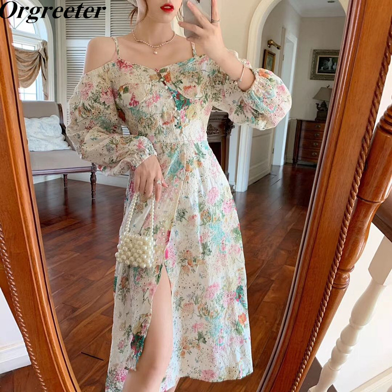 Celebrities the same Sexy Off-shoulder High Split Design Floral Print Dress Female Retro Hollow Embroidery Long sleeve Dresses 210525, Multi
Celebrities the same Sexy Off-shoulder High Split Design Floral Print Dress Female Retro Hollow Embroidery Long sleeve Dresses 210525, Multi
