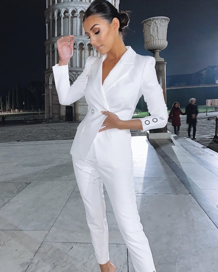 White Women Blazer Suits Sexy V Neck Double Breasted Formal Office Lady Pants Suit Prom Party Wedding (Jacket+Pants)