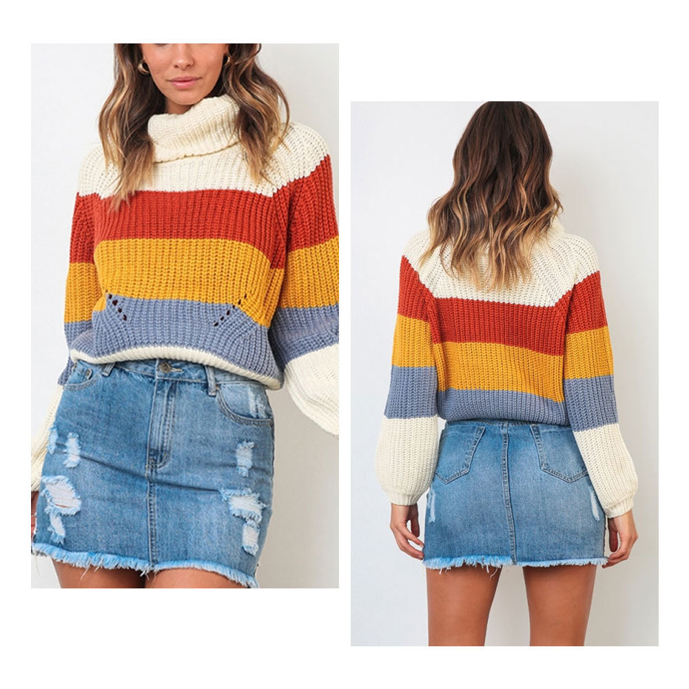 Rainbow Sweater Autumn Winter Batwing Sleeve Turtleneck Knitted Striped Patchwork Pullovers Korean Harajuku Jumper Tops 210428