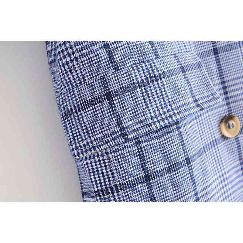 spring autumn Korean blue plaid blazer coat windbreaker double-breasted casual British style long suit jacket for woman 210508