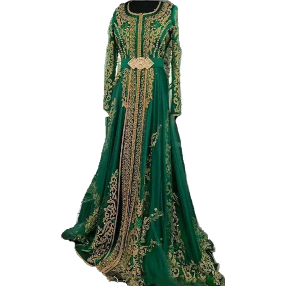 Luxury 2025 Emerald Green Muslim Formal Evening Dresses Crystals Pearls Beaded Lace Long Sleeves A Line Abaya Dubai Arabic Prom Dress Party Gowns Moro