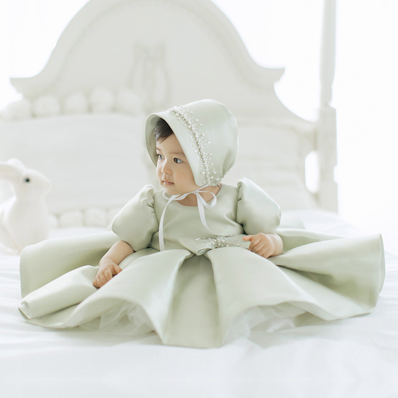 Cute Jewel Handmade Flower Girls Dresses Bow Belt Bead Princess Kids Floor Length Bridesmaid Dress Girl Pageant Ball Gown