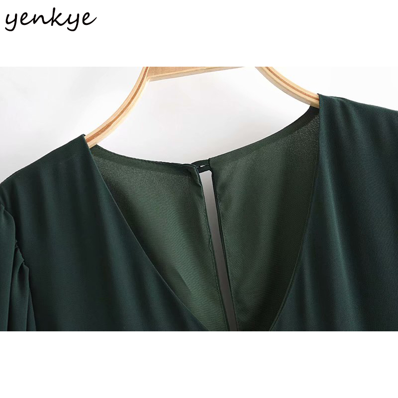 YENKYE Chiffon Summer Dress Women Sexy Hem Slits Vintage Dark Green Vestido Female Short Sleeve V Neck High Waist A-line Dress 210515