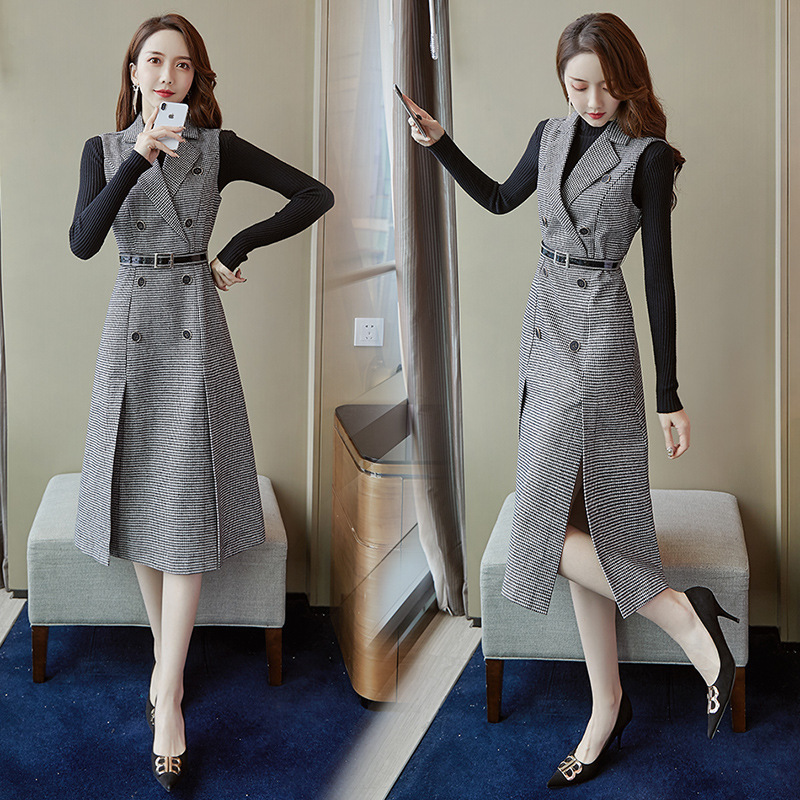 Women Plaid Elegant Office Dresses Lady Work Sleeveless Strap Spring Turn-Down Collar Blazer Female Suit 210428