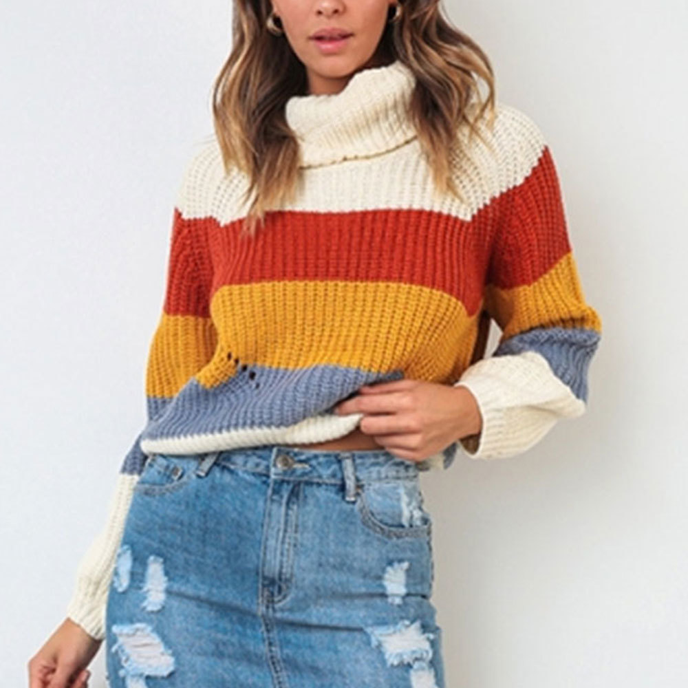 Rainbow Sweater Autumn Winter Batwing Sleeve Turtleneck Knitted Striped Patchwork Pullovers Korean Harajuku Jumper Tops 210428