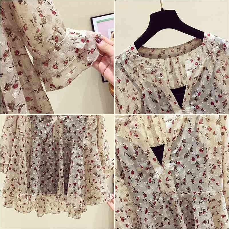 blusas mujer de moda womens clothing print chiffon blouse short sleeves shirts Two-piece Suite 4612 50 210506